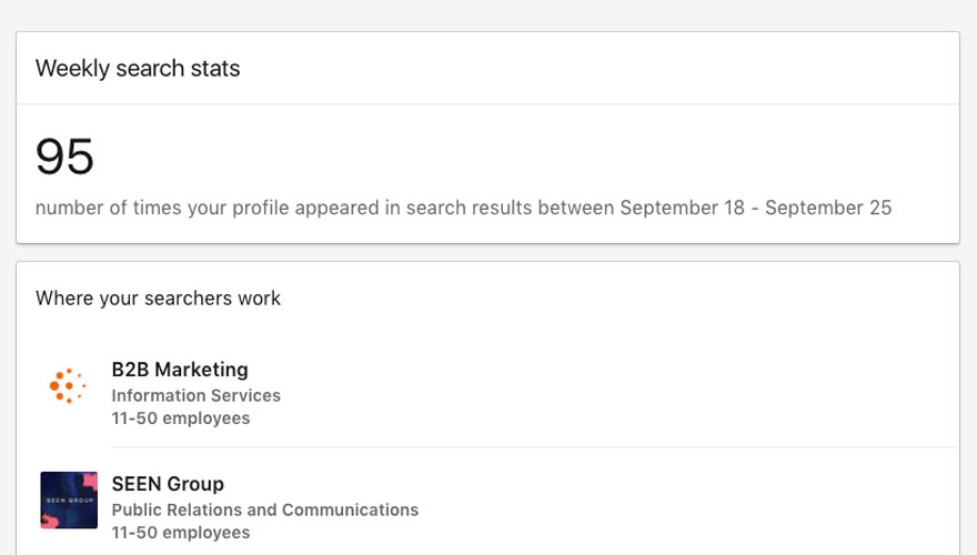 Weekly search stats on LinkedIn Weekly search stats on LinkedIn