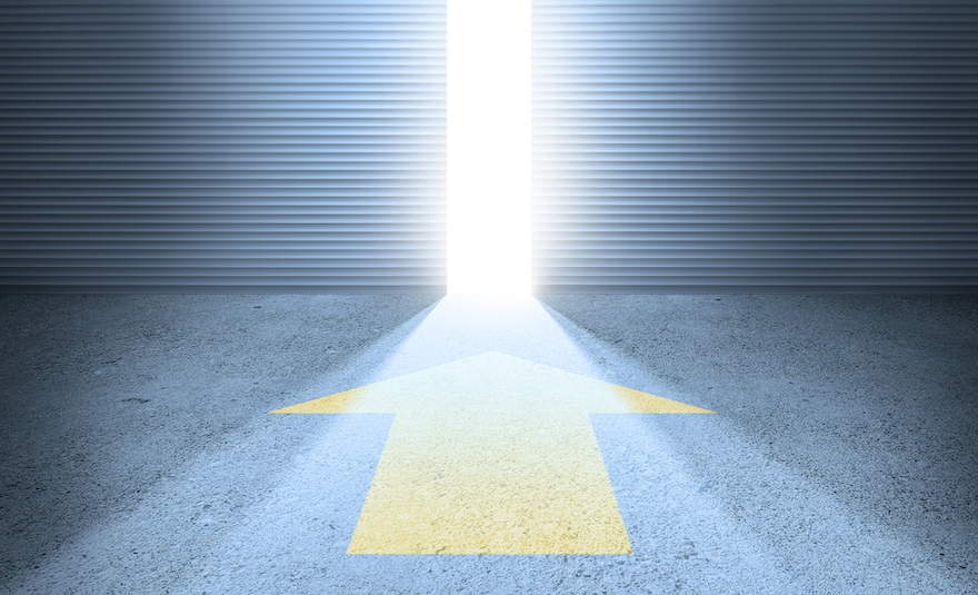 A big arrow pointing to open slideing doors