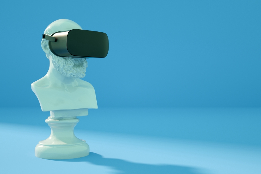 Classical statue wearing VR goggles