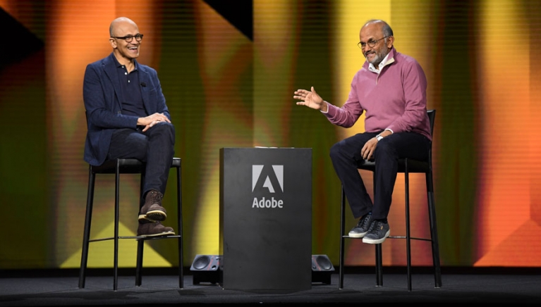 Microsoft CEO Satya Nadella and Adobe CEO Shantanu Narayen on stage at the Adobe Summit 2019 Microsoft CEO Satya Nadella and Adobe CEO Shantanu Narayen on stage at the Adobe Summit 2019