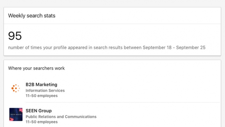 Weekly search stats on LinkedIn Weekly search stats on LinkedIn