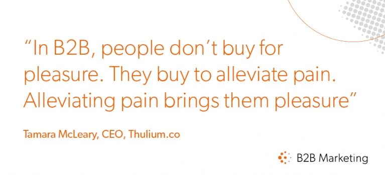 In B2B, people don’t buy for pleasure. They buy to alleviate pain. Alleviating pain brings them pleasure In B2B, people don’t buy for pleasure. They buy to alleviate pain. Alleviating pain brings them pleasure